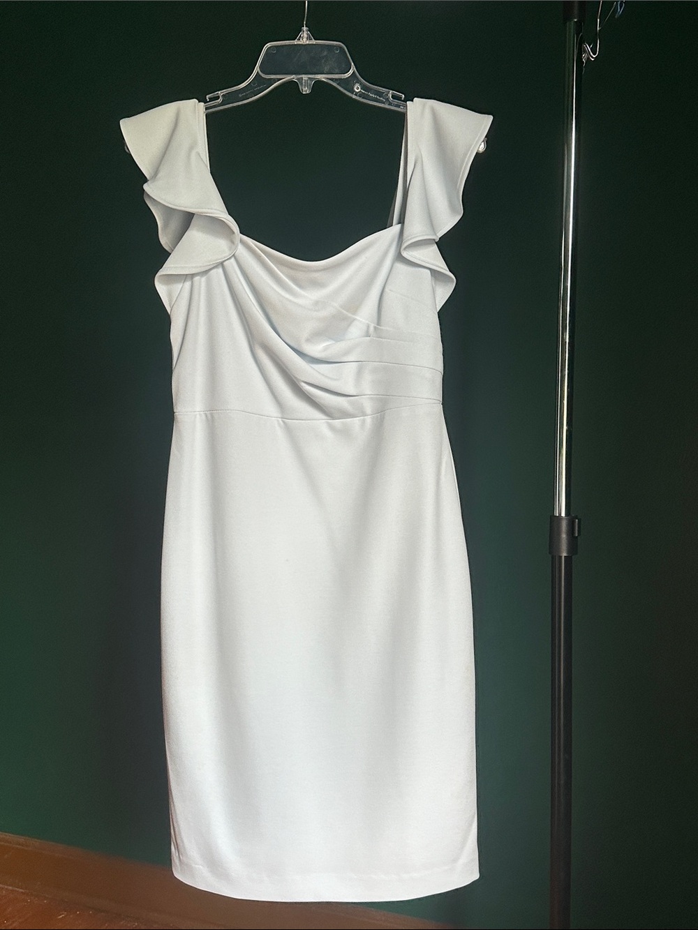 Calvin Klein White Ruffle-Shoulder Midi Sheath Dress